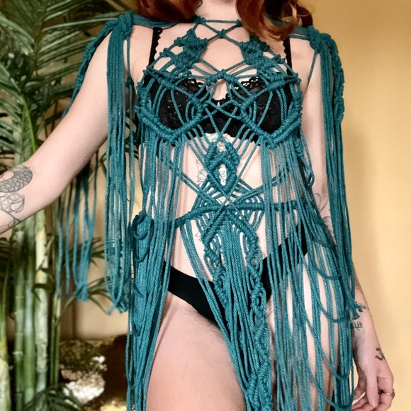 Handmade Macramé Bondage Dress Teal Blue Crochet Cut Out Distressed - Picture 8 of 16